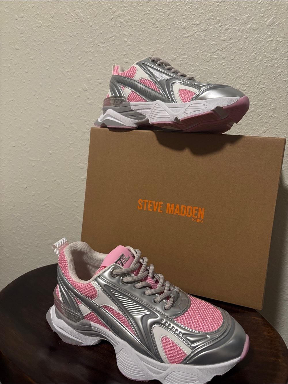 Steve Madden Pink and Silver Platform Athletic Sneakers young girl
